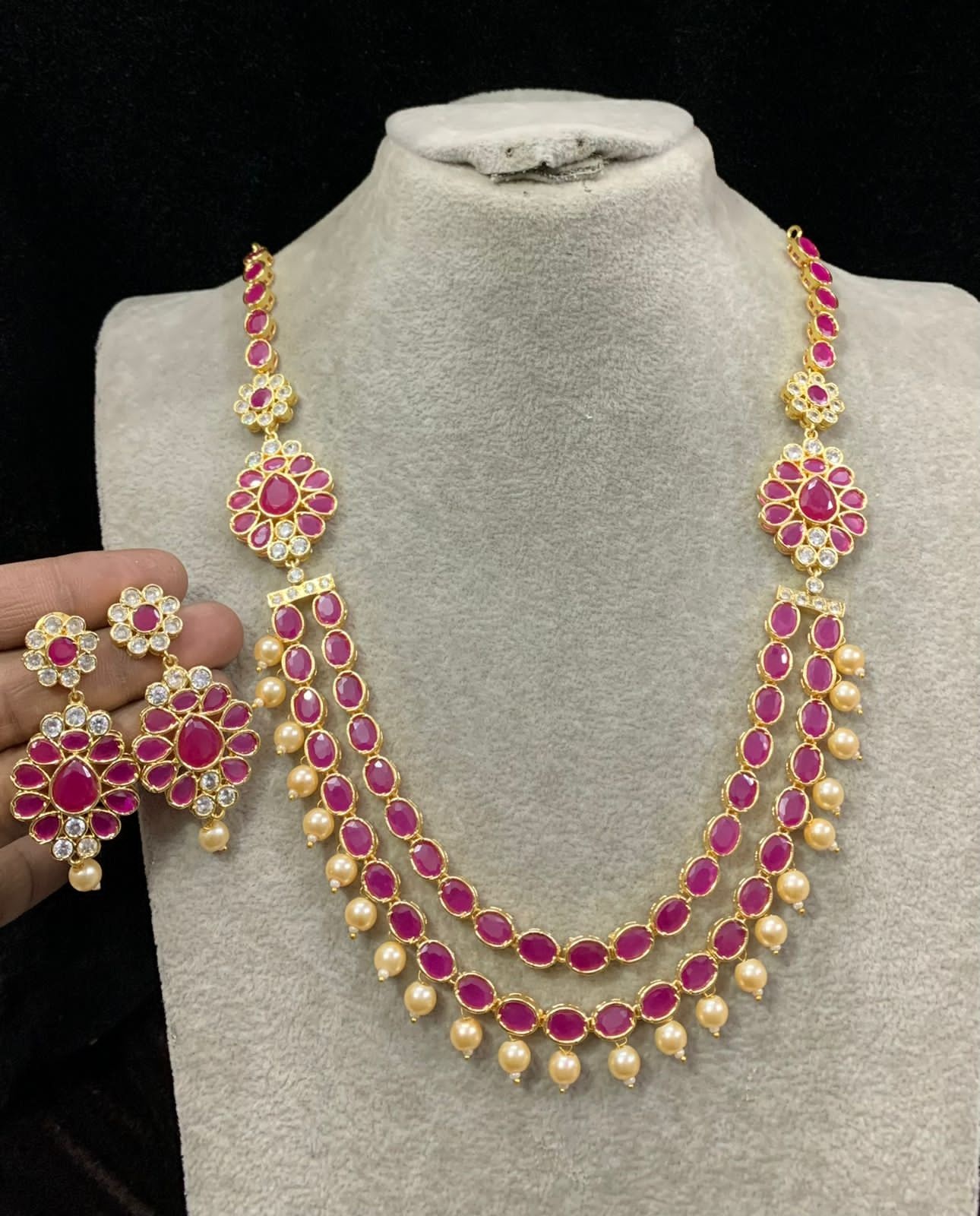 Collier Indien Fantaisie – CZ & Onyx Noire – Plaqué Or – Pour Mariage Ou Fête